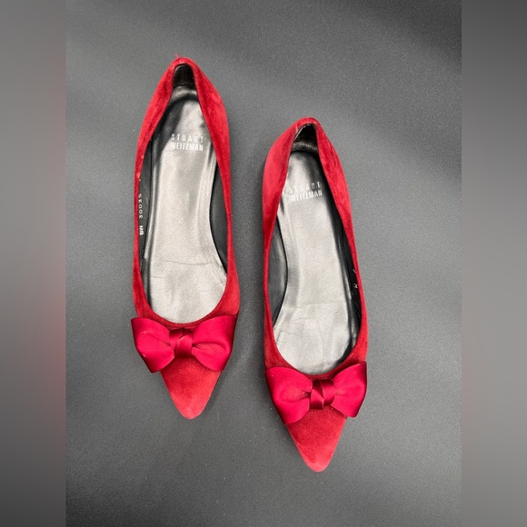 Stuart Weitzman Ballet Flats Womens 7M Ruby Red Suede Pointed Toe Bow Shoe - Picture 3 of 10